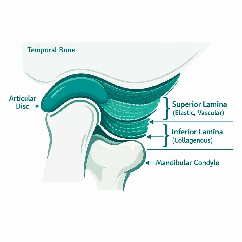 نمای شماتیک بافت خلف دیسک مفصل گیجگاهی فکی شامل لامینای فوقانی الاستیک و لامینای تحتانی کلاژنی