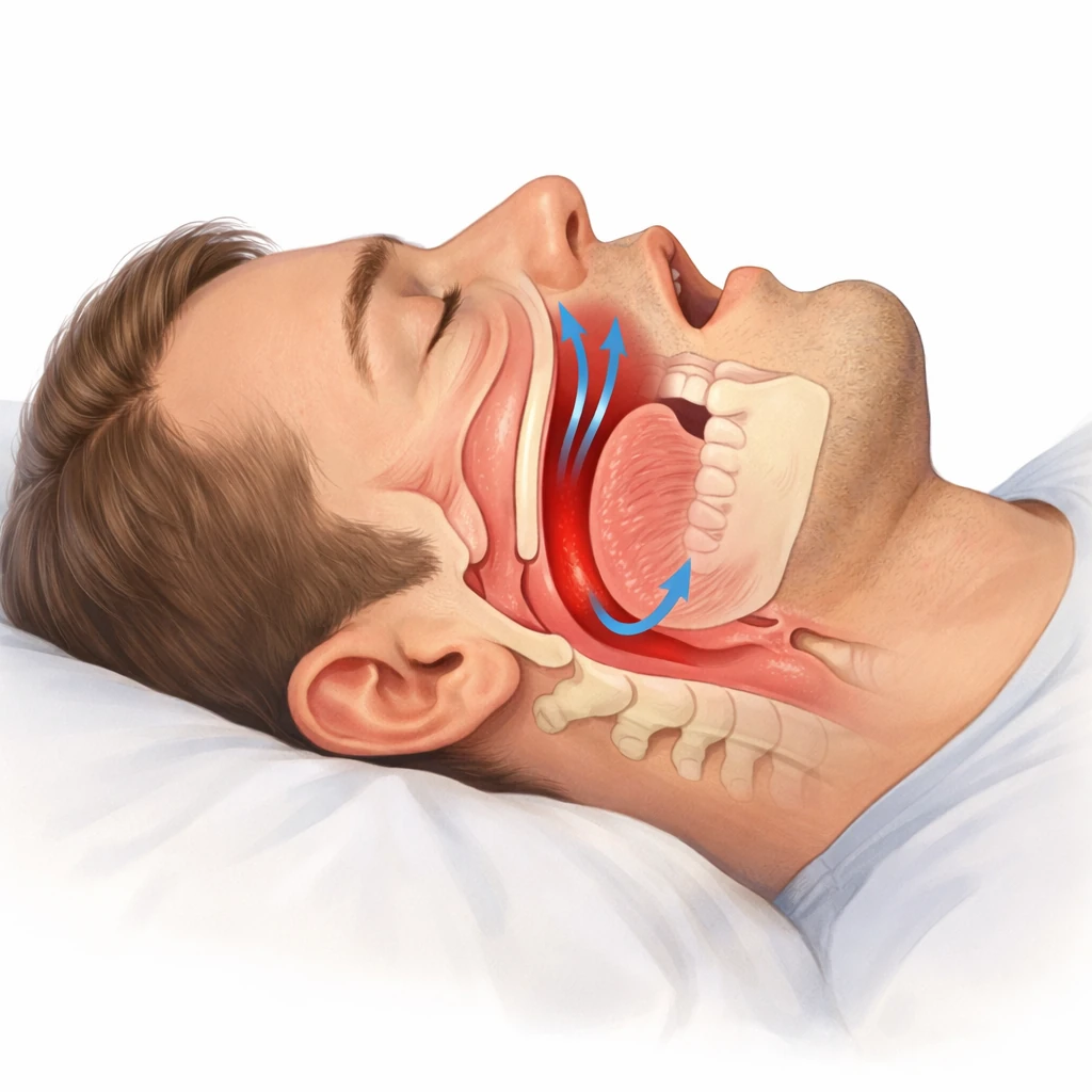 نمای شماتیک تنگی راه هوایی فوقانی در اختلال وقفه تنفسی انسدادی هنگام خواب

