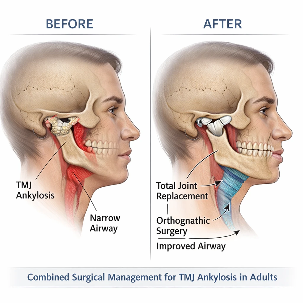 مقایسه قبل و بعد درمان ترکیبی انکیلوز TMJ و بهبود فضای راه هوایی
