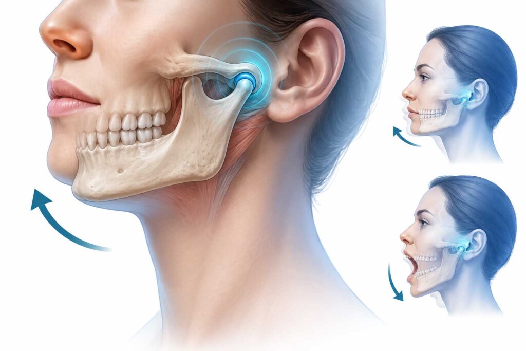 نمای آموزشی از مفصل گیجگاهی‌فکی و حرکت باز و بسته شدن فک در تمرین‌درمانی TMD