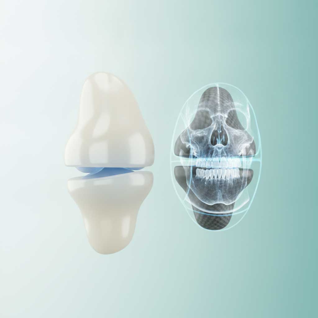 اینفوگرافیک مقایسه‌ای بیومواد پروتز TMJ شامل تیتانیوم، CoCrMo، PEEK و سرامیک از نظر استحکام، سایش، osseointegration و تصویربرداری