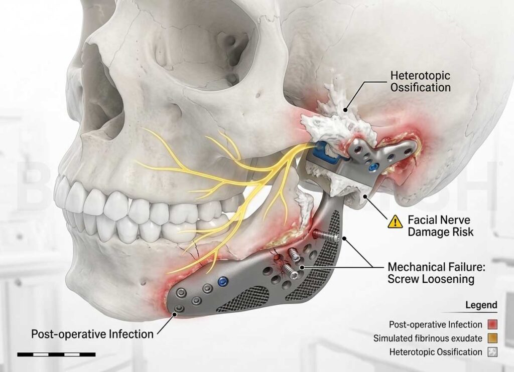 دیاگرام جامع عوارض جراحی پروتز TMJ شامل آسیب عصب فاسیال، استخوان‌سازی نابجا و شل شدن پیچ‌ها.