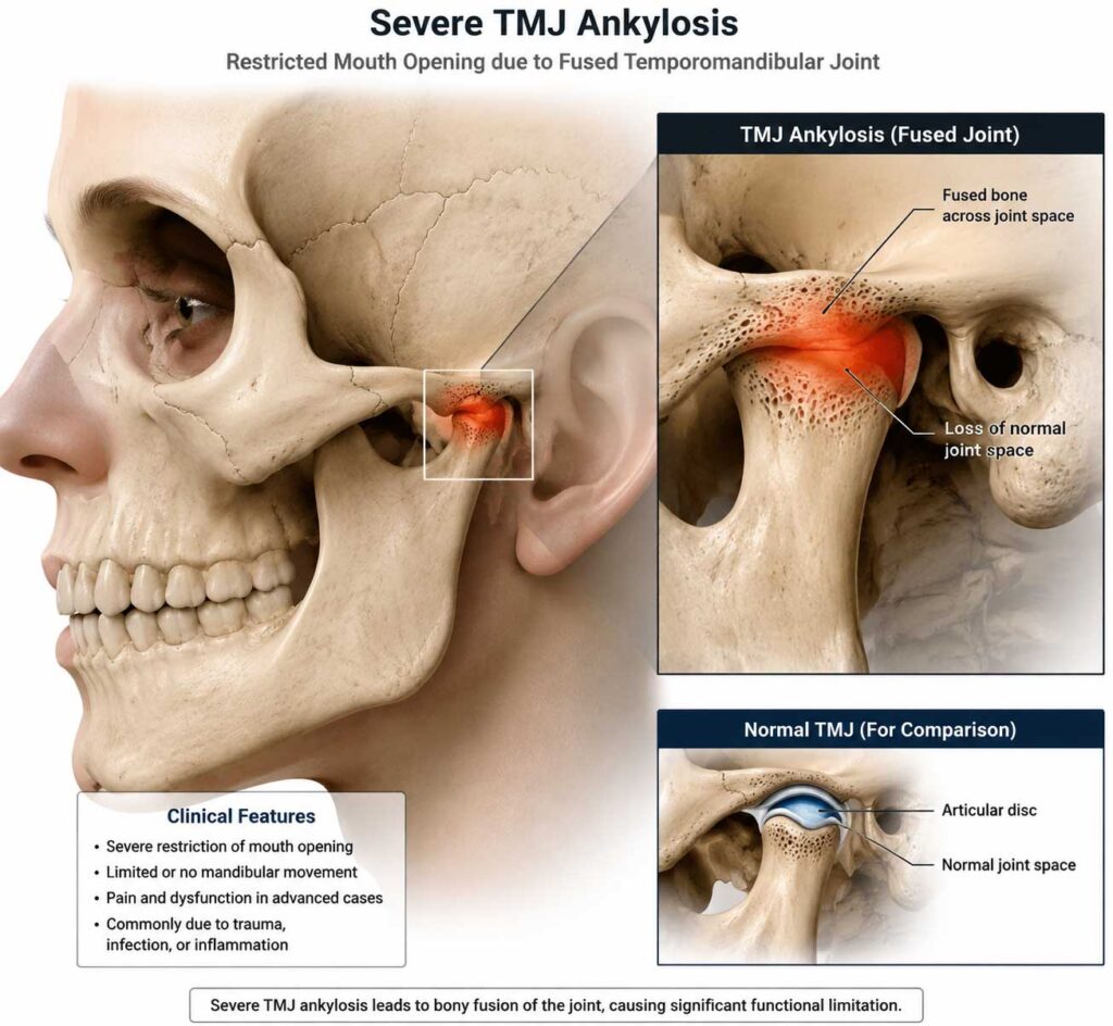 TMJ ankylosis causing severe limitation in mouth opening and indication for TMJ replacement
