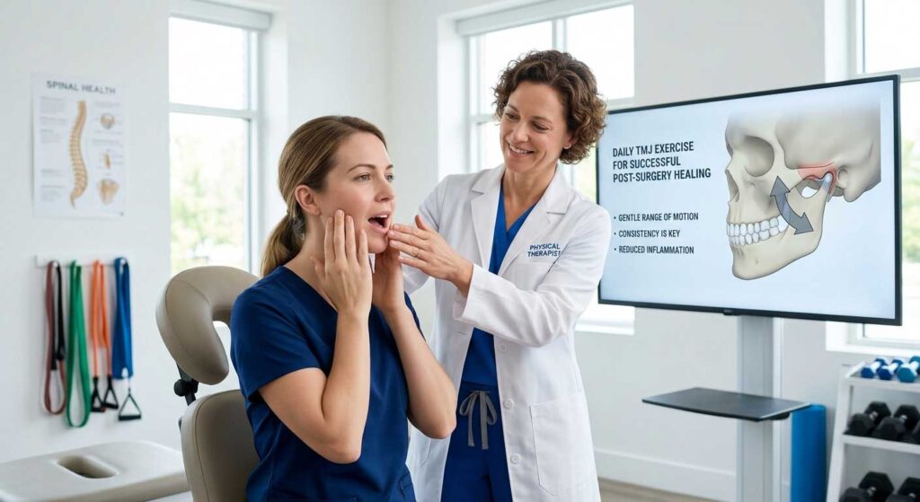 آموزش تمرینات فیزیوتراپی فک توسط متخصص پس از جراحی پروتز TMJ