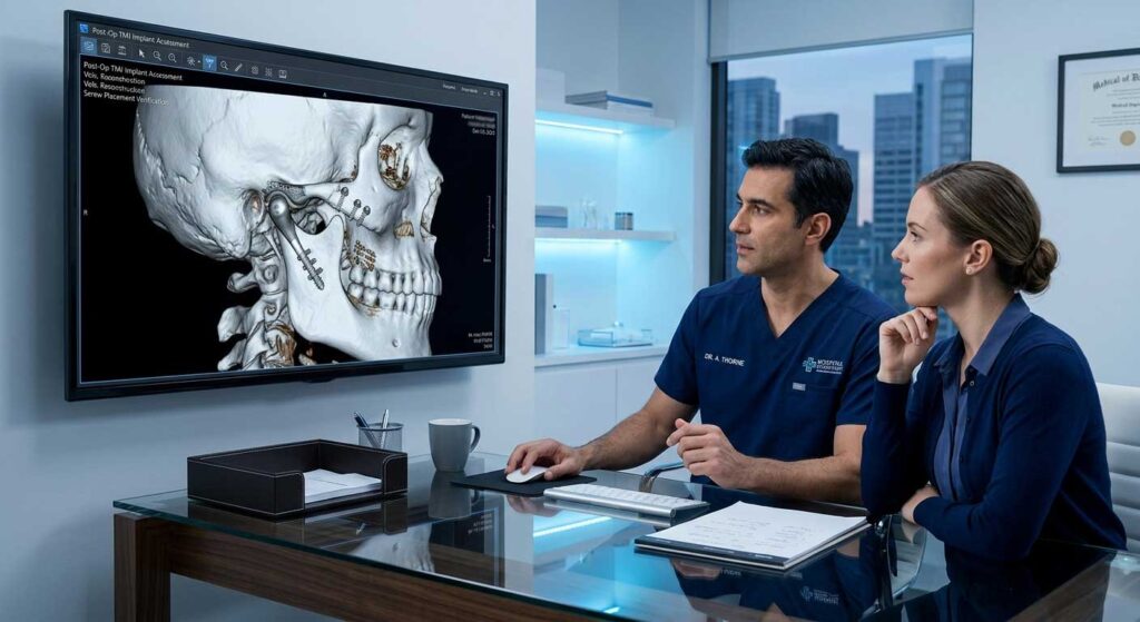 جراح فک و صورت در حال بررسی وضعیت بهبود پروتز TMJ بیمار در جلسه پیگیری